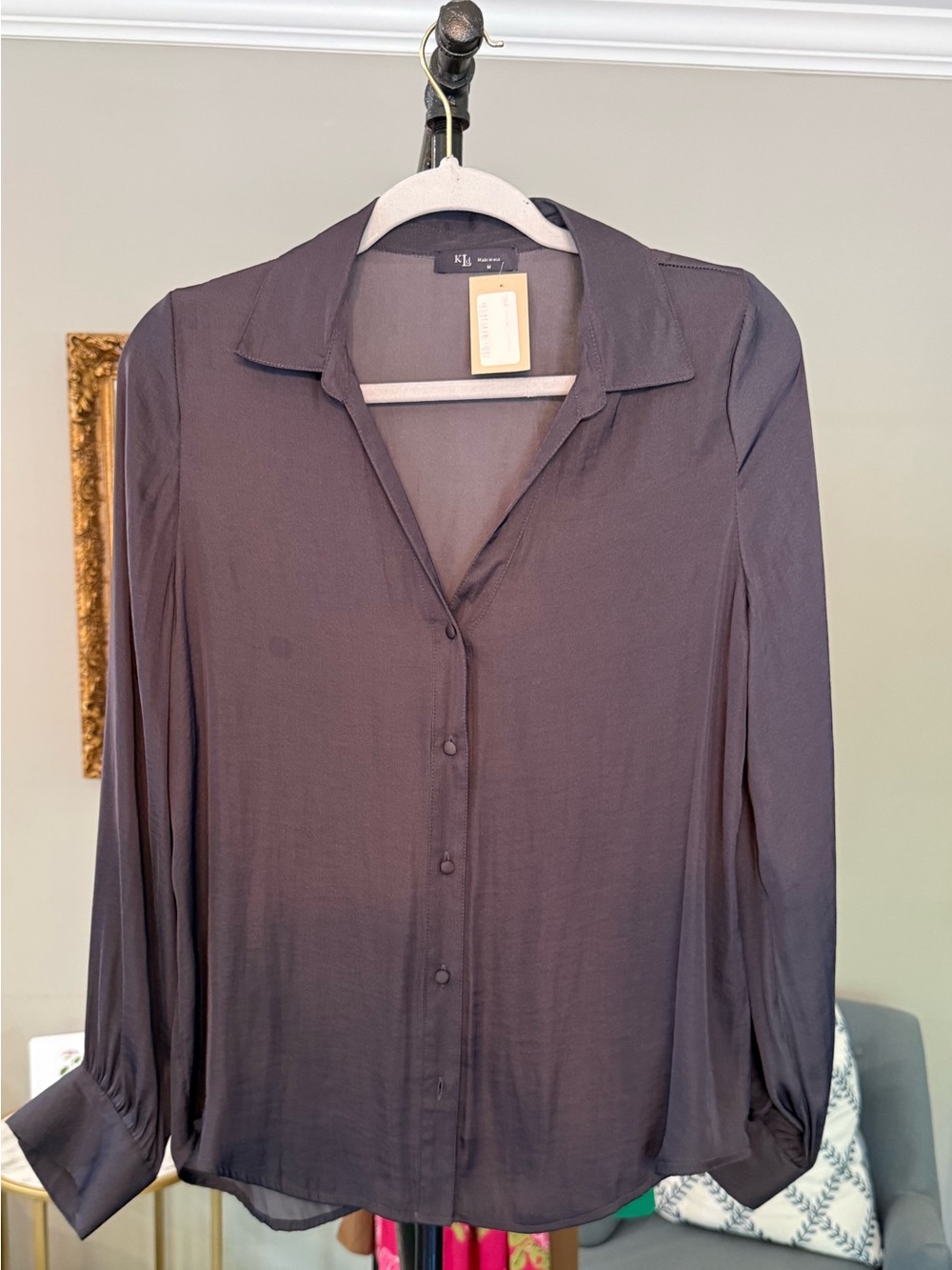 NWT Made in USA Kld Lavender Gray Button-Front Blouse